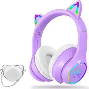 LOBKIN Bluetooth 5.3 Kids Headphones with Case - RGB LED Light Up Cat Ears Foldable Adjustable Over Ear Headphone Support Wireless or 3.5mm Wired Mode for Toddler & Girls & Boys Teens
