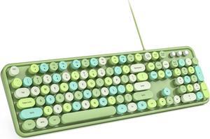 MOWUX Computer Keyboard Wired, Plug Play USB Retro Round Typewriter Keyboard, Full Size Wired Keyboard with Foldable Stands for Laptop and Office PC - Green Colorful