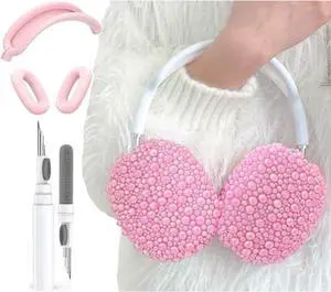Glitter Pearls Case Cover for AirPods Max Headphones with Cleaner Pen Girls, Soft Handmade Beads TPU Ear Cups/Ear Pad/Headband Case Cover Silicone Protector for Apple Air Pod Max Accessories, Pink