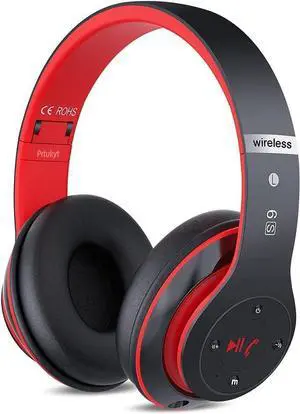PRTUKYT 6S Bluetooth Headphones Over-Ear, Hi-Fi Stereo Foldable Wireless Stereo Headsets Earbuds with Built-in Mic, Volume Control, FM for iPhone/Samsung/iPad/PC (Black & Red)