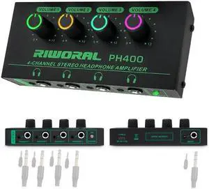 Riworal 4 Channels Headphone Amplifier with 1/4" and 1/8" TRS Jack Input for Dj Mixer Headphone Mixer Amps Headphone Splitter with Separate Volume Control Output for Speaker Or Monitor Headphone