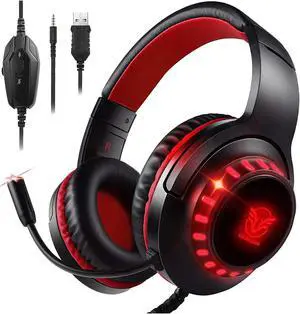 Pacrate Gaming Headset for PS4/PS5/Xbox One/Nintendo Switch/PC, PS4 Headset with Microphone Xbox Headset with LED Lights, Noise Cancelling PS5 Headset for Kids Adults - Red