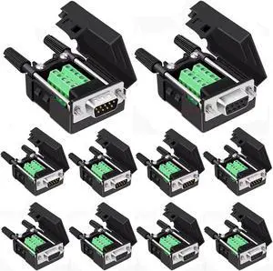 Willwewon 10PCS (5PCS Male 5PCS Female) DB9 Solderless Breakout Connector, RS232 D-SUB DB9 Serial to 9Pin Port Terminal Block with Case Long Bolts Tail Pipe
