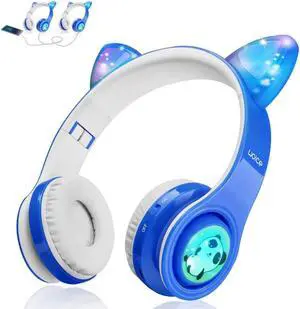 Woice Wireless Bluetooth Kids Headphones, LED Flashing Lights, Music Sharing Function, 85db Volume Limited, Over-Ear and Build-in Mic Wireless/Wired Children Headphones for Boys Girls (Blue)