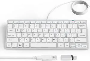 Ultra-Slim 78keys USB Mini Wired Keyboard with Media Hotkeys for Apple Mac Pro, MacBook 56Pro/ iMac, Air, Mac Mini, Laptop Computers, Windows Desktop PC 11/10/8/7, with USB-A to C OTG Adapter, White