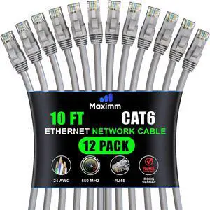 Maximm Cat 6 Ethernet Cable 10 ft (12-Pack) - High-Speed LAN Cable, Internet Cable, Patch Cable, and Network Cable - UTP, 10Gbps, 550MHz Ethernet Cord - Gray