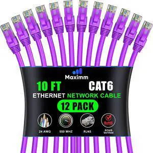 Maximm Cat 6 Ethernet Cable 10 ft (12-Pack) - High-Speed LAN Cable, Internet Cable, Patch Cable, and Network Cable - UTP, 10Gbps, 550MHz Ethernet Cord - Purple