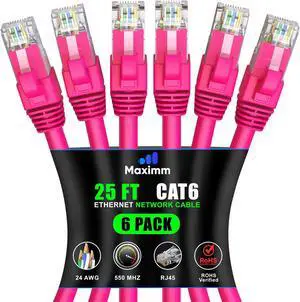 Maximm Cat 6 Ethernet Cable 25 ft (6-Pack) - High-Speed LAN Cable, Internet Cable, Patch Cable, and Network Cable - UTP, 10Gbps, 550MHz Ethernet Cord - Pink