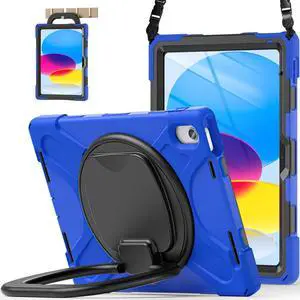 BATYUE Case for iPad 10th Generation - Shockproof Protection Cover for 2022 10.9-inch iPad (10th Generation) with Screen Protector/Pencil Holder/ 360deg Swivel Stand/Shoulder Strap, for Kids - Blue