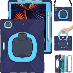 iPad Pro 12.9 Case 6th Generation 2022/5th Gen 2021/4th Gen 2020/3th Gen 2018,Heavy Sturdy Shockproof Kids Case,Rotating Stand/Pencil Holder/Carrying Strap for iPad 12.9 Inch (Navy+Blue)