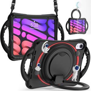 GooodiDEAR iPad Mini 6 Case for Kids - 6th Gen Case, Durable Shockproof, 360deg Rotating Grip, Foldable Handle, Secure Stand Kickstand, Stylish Black Silicone & PC, with Convenient Carrying Strap