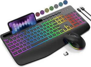 Wireless Keyboard and Mouse Combo, 9 Backlit Effects, Wrist Rest, Phone Holder, 2.4G Lag-Free Ergonomic Keyboards, Rechargeable Silent Cordless Set for Computer, Laptop, PC, Mac, Windows -SABLUTE