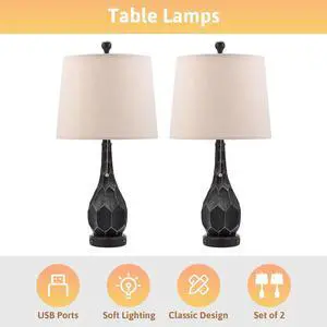 25in Table Lamp Bedroom Light with USB Charging for Bedroom Set of 2, Black