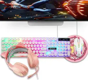Shipadoo LD-122 4 in 1 Girly Glowing Keyboard + Mouse + Earphone + Mouse Pad Set (Pink Punk)