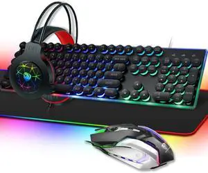 PANTSAN LD-145 4 in 1 Luminous Punk Gaming Keyboard + Mouse + Headphones + Mouse Pad Set (Black)