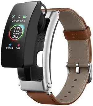K30 0.96 inch Leather Band Earphone Detachable Life Waterproof Smart Watch Support Bluetooth Call (Brown Silver)