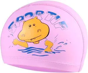 Children Cartoon Hippo Pattern PU Coated Waterproof Swimming Cap Cartoon Hippo (Pink) (Pink)