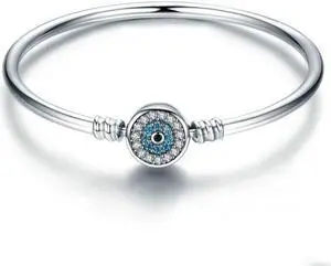 Guardian Eye S925 Sterling Silver Bangle Bracelet Set with Blue Gems 17cm