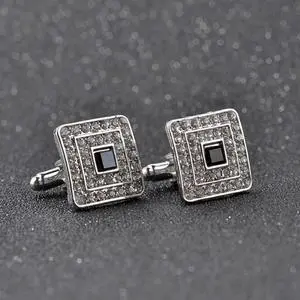 Classic Luxury Rhinestone Crystal Square Custom Enamel Men Cufflink Male French Shirt Cuff links Wedding (Silver Plated)