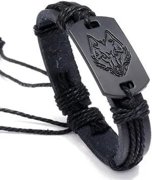 B01916 Men Leather Wolf Head Woven Bracelet, Size:B01916 (Black)