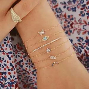 6 PCS/Set Punk Butterfly Eye Star Moon Leaves Crystal Gem Shiny Gold Multilayer Chain Bracelet (Gold)