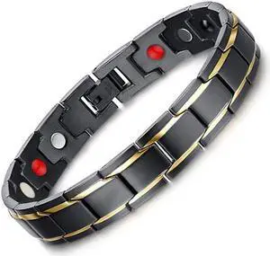Europe and America Style Fashion Men Jewelry Stainless Steel + Gold-mounted Plating Magnetic Health Bracelet, Size: 12mm*22cm (Black+Gold)