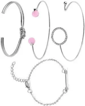 4 PCS/Set Arrow Multilayer Open Adjustable Round Crystal Bracelet Set for Women (silver) Silver