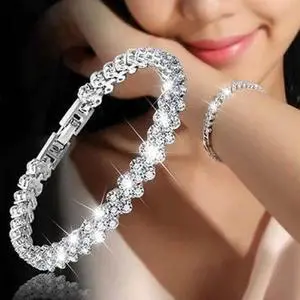 Glamorous Female Crystal Bracelet with Artificial Diamond Inlaid for Wedding, Engagement, Mother`s Day And Birthday Gift, Diameter: 5.25 cm, Perimeter:16.5 cm (Silver)