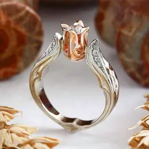 Rose Flower with Diamond Wedding Ring for Women, Ring size:10 10