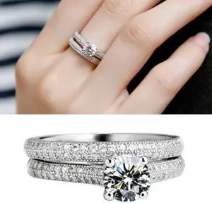 Silver Double Zircon Wedding Rings Set