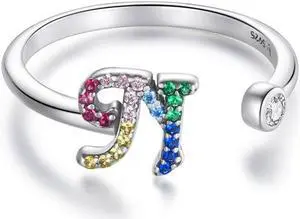 S925 Sterling Silver 26 English Letters Colorful Zircon Women Open Ring, Style:N