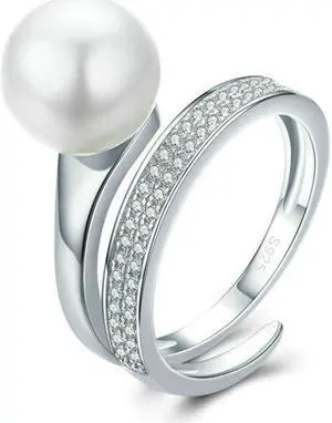S925 Sterling Silver Elegant Ladies Ring Platinum Plated Diamond Pearl Ring