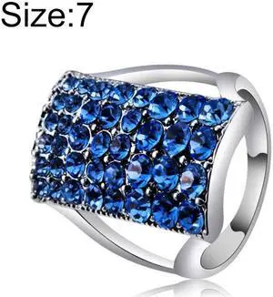 Silver-Plated Rectangle with Blue Crystal Ring for Women(Silver with Diamond, US, Size: 7)