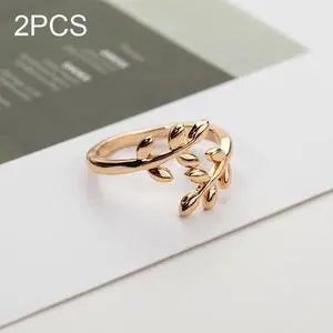 2 PCS Charms Tolive Tree Branch Leaves Adjustable Open Ring for Women (Gold)