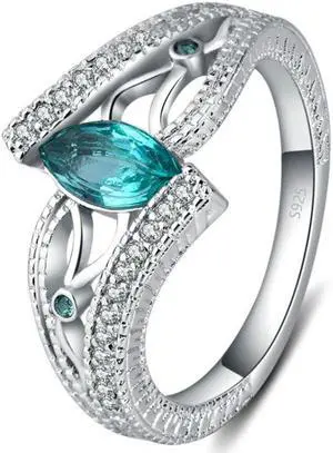 925 Sterling Silver Finger Rings Women Vintage Engagment Zircon Jewelry 8 (Green)
