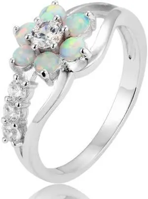 925 Silver Women Opal Flower Ring Jewelry 9 (White)
