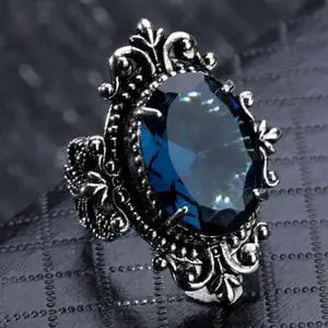 Vintage Goose Egg-shaped Sea Blue Topaz Ring 9