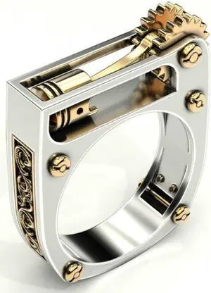 Mechanical Two-Tone Ring Gear Novelty Jewelry Ring, Size: 8 8