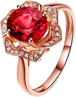Fashion Red Tourmaline Rose Gold Flower Shape Women Ring 6