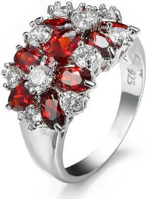 925 Sterling Silver Sparkling Rings Girls Crystal Engagement Jewelry 6 (Red)