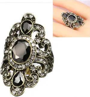 Vintage Ethnic Style Exquisite Carved Inlaid Acrylic Resin Hollow Ring 7 (Black)