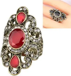 Vintage Ethnic Style Exquisite Carved Inlaid Acrylic Resin Hollow Ring 10 (Red)