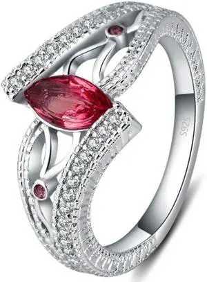 925 Sterling Silver Finger Rings Women Vintage Engagment Zircon Jewelry 7 (Red)