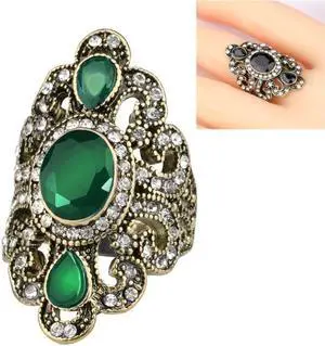 Vintage Ethnic Style Exquisite Carved Inlaid Acrylic Resin Hollow Ring 7 (Green)