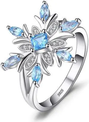 Fashion Snowflake Flower Blue Topaz Ring Jewelry Women, Ring Size:9 9