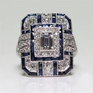 Luxury Square Women Crystal Zircon Engagement Ring 10 (Blue) Black