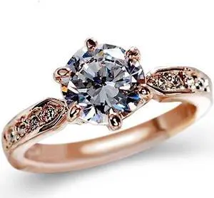 Female Classic Crystal Six-Claw Diamond Ring Wedding Ring 7 (Rose Gold)