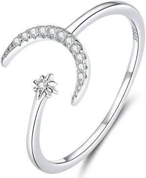 S925 Female Sterling Silver Zircon Ring Moon Open Ring Temperament Ring SCR569