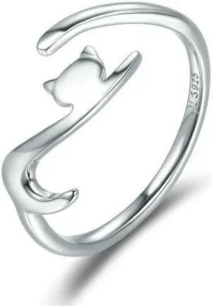 Naughty Cat Sterling Silver Ring Fashion Open Ring SCR220-B (Silver White)
