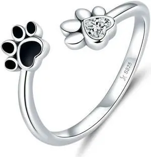 S925 Sterling Silver Cute Pet Paw Print Open Ring Black Dripping Ring SCR605